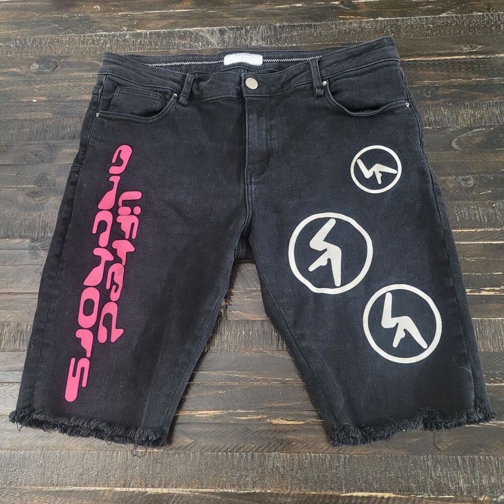 LIFTED ANCHORS Men’s Aphex Puff Print Denim Shorts Black Size 38